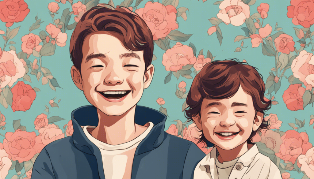 Two smiling children stand in front of a floral background with pink flowers and green leaves, their joyful expressions reflecting the natural boost of happiness hormones, both wearing casual clothing.
