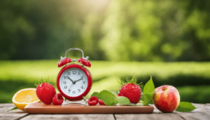 A red alarm clock sits on a wooden surface surrounded by strawberries, raspberries, a peach, and a sliced lemon, evoking the freshness and routine of intermittent fasting, set against a blurred green, sunlit park background.