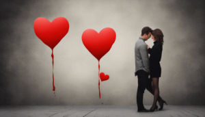 A couple stands closely together in front of a wall with two large, dripping red hearts and a smaller heart below them, evoking an atmosphere filled with soul love and romance.