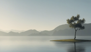 A lone tree stands on a small grassy peninsula extending into a calm lake, with distant mountains and a clear sky in the background, embodying mindfulness and minimalism in this serene landscape scene.