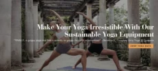 Two people practicing yoga in athletic wear on a mat outdoors under a pergola, with text promoting Complete Unity Yogas sustainable yoga equipment and a button to shop yoga mats.