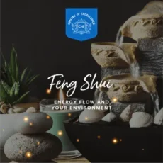 A decorative fountain, smooth stones, a green candle, and a plant sit beside text reading Feng Shui: Energy Flow and Your Environment, highlighting the Feng Shui Diploma Course with a blue Centre of Excellence badge above.