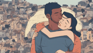An illustration of a couple embracing in front of densely packed city buildings, with the man kissing the woman’s cheek. Their warm expressions radiate love, affection, and intimacy in the heart of the bustling city.