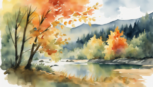 A watercolor painting of a calm river surrounded by trees with vibrant autumn foliage, where the tranquil scene radiates Reiki energy, set against distant forested mountains beneath a partly cloudy sky.