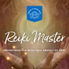 Two open hands emit glowing energy, with a blue Centre of Excellence badge above. Text reads: Reiki Master Teacher Diploma Course. Understand the beautiful energy of Reiki.