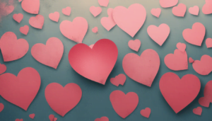 Many pink paper hearts of various sizes are scattered and overlapping across a blue background, creating a romantic and cheerful atmosphere filled with love.