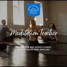 Four people meditate on yoga mats in a bright studio. The text reads, Meditation Teacher Diploma Course. Learn Zen and mindfulness with this course. A blue Centre of Excellence logo is displayed at the top.