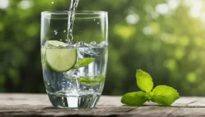 A glass of water with lime slices and mint leaves is being filled, offering a refreshing option for hydration, and sits on a wooden surface with more mint nearby. The background is green and blurred.