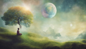 A person sits cross-legged under a large tree on a grassy hill, gazing at a colorful, otherworldly planet in a dreamy sky. The scene exudes calm and wonder, exploring the concept of the soul amidst stars, clouds, and distant mountains.