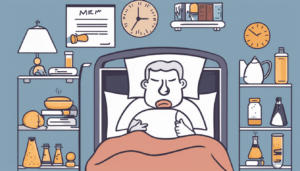 A sick person lies in bed, looking unwell, surrounded by medicine, drinks, tissues, and a clock on the wall. Medical charts and books, like "Why We Sleep", are seen on shelves above and beside the bed.