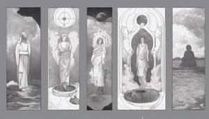 Five black-and-white panels show robed, ethereal figures among clouds and abstract shapes; the last panel, rich in values, depicts a solitary figure sitting by swirling water under a cloudy sky.