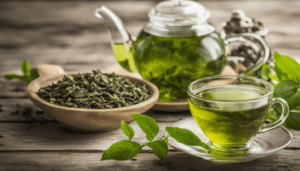 A clear teapot and a glass teacup filled with Green Tea are displayed on a rustic wooden table, next to a wooden bowl of loose Green Tea leaves and fresh green tea leaves.