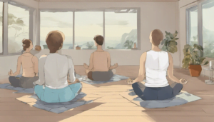 Four people sit cross-legged on yoga mats in a bright room, meditating together and reaching an alpha state in meditation. Sunlight streams in through large windows, highlighting plants and adding to the peaceful atmosphere.