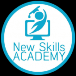 A blue and white logo with a figure holding a graduation cap inside a computer monitor, representing New Skills Academy Online Courses For Personal Development, above the text New Skills ACADEMY. personal growth