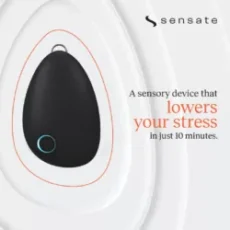 A black Sensate: Unlock Natural Stress Reduction in Just 10 Minutes device on a white background with text: A sensory device that lowers your stress in just 10 minutes. Sensate logo is at the top right.