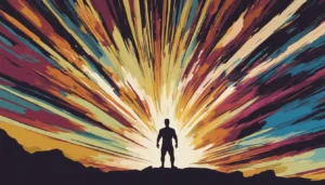 A silhouette of a person stands on a hilltop as vibrant, multicolored rays burst outward from behind, creating a dynamic visual that inspires you to reclaim your energy and embrace your inner power.