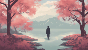 A lone person stands at the edge of a calm lake, surrounded by pink-blossomed trees. Snow-capped mountains rise in the background under a partly cloudy sky, embodying Mindfulness Made Easy For You in a serene and peaceful landscape. present-moment awareness