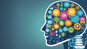Illustration of a human head in profile filled with colorful gears, circuit patterns, and scientific symbols, representing Unlocking Altered States of Mind, intelligence, technology, and cognitive processes on a blue gradient background.