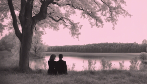 Two people sit side by side on grass under a large tree, enjoying a digital detox as they gaze over a calm lake with a distant forest. The serene scene, painted in soft pinkish tones, suggests early morning or dusk.