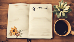 An open gratitude journal rests on a wooden table, decorated with yellow and white flowers and leaves. A steaming cup of coffee sits to the right, and "Gratitude" is elegantly written at the top of the page.