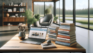 A modern office with large windows overlooking nature, featuring a wooden desk with a laptop, wireless mouse, vase, and several stacked books, perfect for meditation and mindfulness. Bookshelves and plants decorate the background.