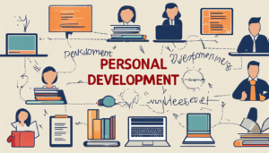 Illustration of people working, reading, and using laptops, surrounded by books, documents, and diagrams. The words Personal Growth And Development appear at the center with arrows linking elements of learning and growth.