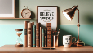 A tidy desk with books, an hourglass, a clock, a desk lamp, and a framed “Believe Yourself” quote inspires you to find the best version of yourself amid warm, earthy tones—a mug echoes the same uplifting phrase.