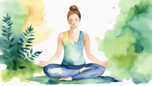A watercolor illustration of a woman in a classic position for meditation, sitting cross-legged on a mat, eyes closed, with leafy plants and soft green, yellow, and blue watercolor washes in the background.