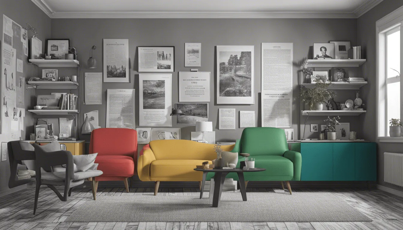 A modern living room with a gray wall, colorful red, yellow, and green sofas, a black armchair, coffee tables, and wall shelves decorated with books on philosophy, plants, and framed art. Light streams in from a window on the right.