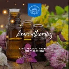 Three brown glass bottles, some open, sit on a wooden surface surrounded by colorful flowers. The text reads: Aromatherapy Centre of Excellence. Explore auras, chakras and vibrations. A blue Centre of Excellence badge is at the top. Three brown glass bottles, some open, sit on a wooden surface surrounded by colorful flowers. The text reads: Aromatherapy Centre of Excellence. Explore auras, chakras and vibrations. A blue Centre of Excellence badge is at the top.
