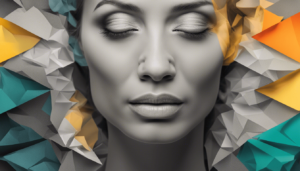 A grayscale portrait of a woman with closed eyes evokes lucid dreaming, as abstract, angular shapes in teal, yellow, and grey swirl around her, creating a modern and artistic composition.
