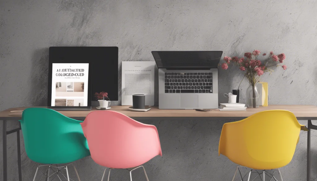A modern workspace with a wooden desk, open laptop displaying Recommended Online Courses, documents, coffee cups, and vases with pink flowers. Three colorful chairs, teal, pink, and yellow, are arranged in front of the desk.