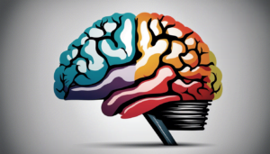 A stylized illustration of a human brain, highlighting the Reticular Activating System and divided into colorful sections with bold black outlines, sits above a stack of books, symbolizing knowledge and creativity on a subtle gray gradient background.