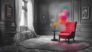 A vivid red armchair sits on a gray rug in a monochrome room, its simplicity enhanced by colorful smoke rising from the chair. The space features classic decor, framed art, a small table with yellow flowers, and draped furniture.