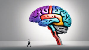 A person walks toward a large, colorful brain model standing upright in an empty, minimalist space. The stylized brain is divided into brightly colored regions, highlighting different sections and showcasing the intricate design of the human brain.