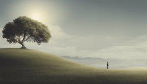 A person stands on a grassy hill near a large dream oak tree under a hazy sky with the sun shining through clouds.