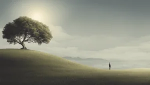 A person stands on a grassy hill near a large dream oak tree under a hazy sky with the sun shining through clouds. The Dream Oak Shop