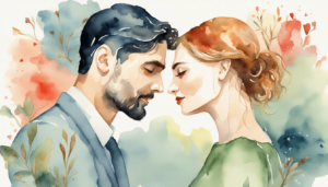 A watercolor painting of a man and woman touching foreheads tenderly, eyes closed, surrounded by soft, colorful floral patterns in the background, quietly evoking the importance of truth in their intimate connection.