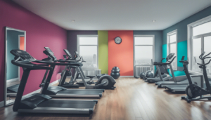 A modern gym with treadmills, stationary bikes, and exercise equipment on a wood floor encourages you to exercise regularly. The walls are brightly painted in pink, yellow, green, and orange, with large windows and a central clock.
