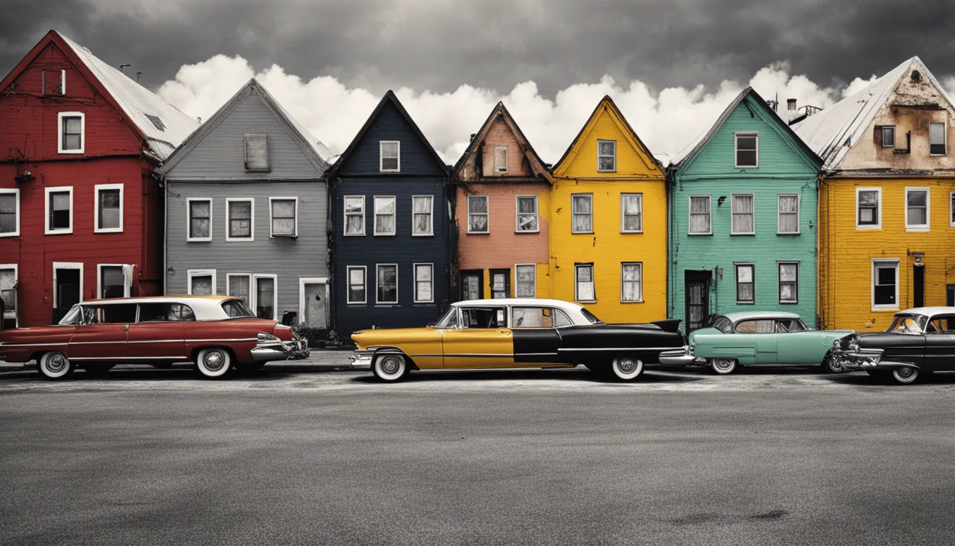 Colorful vintage houses with steep roofs line a street under cloudy skies. Three classic cars, red, yellow, and turquoise, are parked in front, creating a perfect balance of nostalgia and charm.