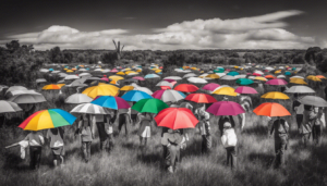 A large group of people stand in a grassy field holding colorful umbrellas. The black and white background emphasizes the vibrant umbrellas, symbolizing individuality—much like exploring Why Personal Development? (10 Reasons & 10 Ways).