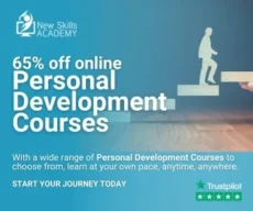 A promo image for Personal Development Courses - academy+ offers 65% off, shows a person climbing steps, Trustpilot stars, and urges users to start their journey today.
