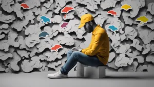 A man in a yellow jacket and cap sits pensively on a white block, surrounded by a wall of abstract brain shapes with colorful highlights, evoking themes of mental health or creative thinking as well as daytime sleepiness.