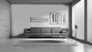 Minimalist living room with a modern gray sofa, low coffee table, abstract art on the wall, and a small potted plant. Embrace simplicity with neutral tones, clean lines, and abundant light from the large window.