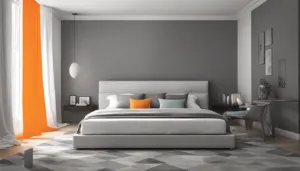 Modern bedroom with a low, gray bed, gray accent wall, geometric rug, and orange curtains. Decorative pillows and framed art add color. Enhanced sleep quality with a dedicated alarm clock complements the clean, minimalist decor.