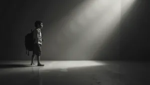 A barefoot child wearing a backpack walks toward a bright beam of light in an otherwise dark, empty room, a symbol of continuous learning, as the child gazes ahead with curiosity, illuminated by the promise of discovery.