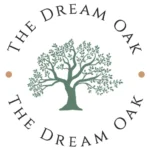 A green oak tree illustration is centered, surrounded by the words The Dream Oak in a circular arrangement. Two small beige dots are on either side of the tree.