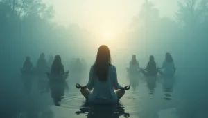 A group of people sit cross-legged in meditation on a calm, shallow lake, exploring altered states of consciousness, surrounded by mist and silhouetted trees as soft sunlight filters through the fog.