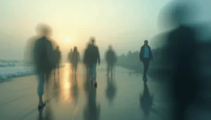 Blurry silhouettes of people walking along a reflective, wet surface at sunset evoke the Slow-Living Movement, with soft light and fog creating a dreamlike, atmospheric scene that invites calm and reflection.