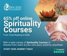 Spirituality Courses At New Skills Academy Promotional image for Spirituality Courses At New Skills Academy—get 65% off online Reiki and Tarot Reading courses. Lotus, tarot cards, energy healing visuals, and Trustpilot logo included.